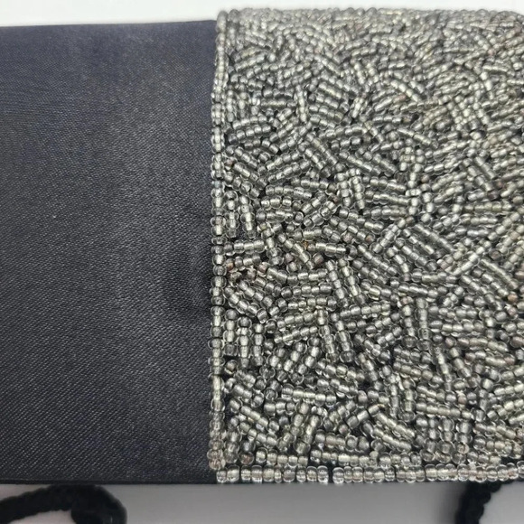 Vintage Jessica McClintock Black Satin Clutch Evening Bag Silver Beaded Accent - Picture 5 of 15